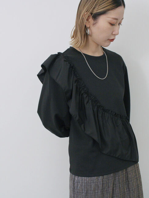 Samansa Mos2 blue「7分袖ドッキングフリルプルオーバー」|Tシャツ・カットソー|