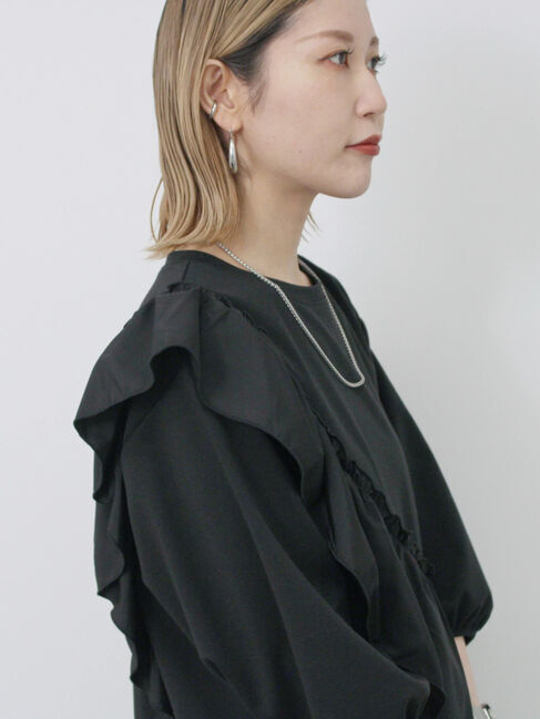 Samansa Mos2 blue「7分袖ドッキングフリルプルオーバー」|Tシャツ・カットソー|