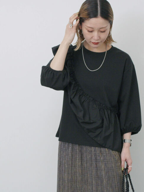 Samansa Mos2 blue「7分袖ドッキングフリルプルオーバー」|Tシャツ・カットソー|