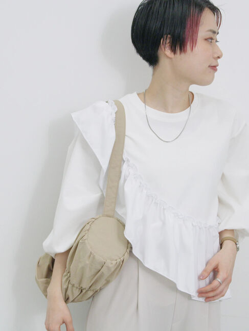 Samansa Mos2 blue「7分袖ドッキングフリルプルオーバー」|Tシャツ・カットソー|