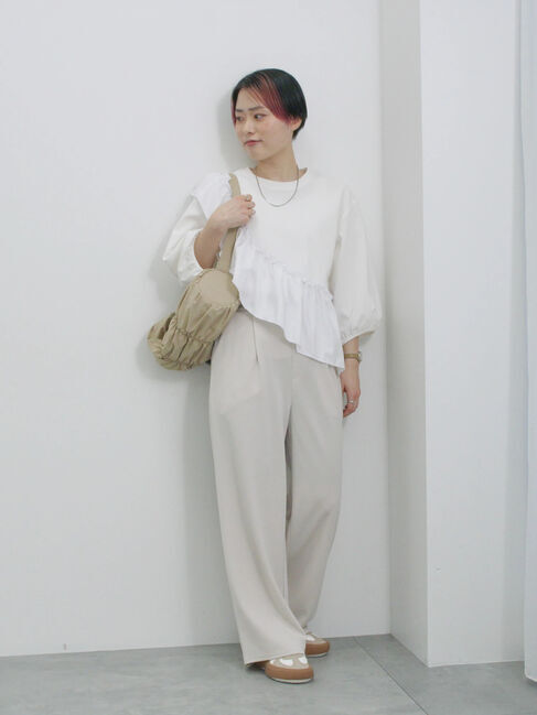 Samansa Mos2 blue「7分袖ドッキングフリルプルオーバー」|Tシャツ・カットソー|