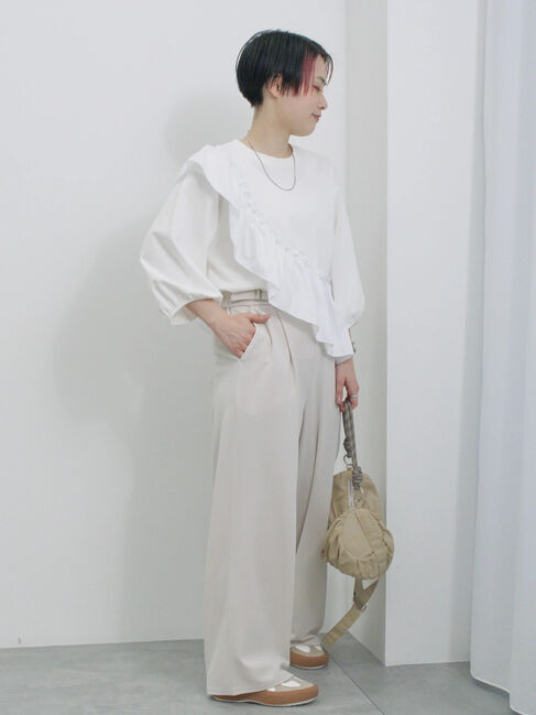 Samansa Mos2 blue「7分袖ドッキングフリルプルオーバー」|Tシャツ・カットソー|