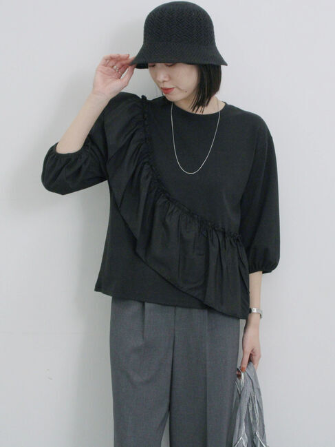 Samansa Mos2 blue「7分袖ドッキングフリルプルオーバー」|Tシャツ・カットソー|