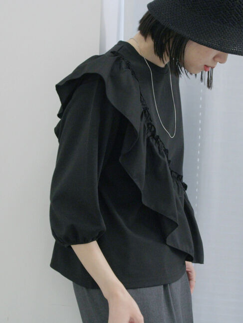 Samansa Mos2 blue「7分袖ドッキングフリルプルオーバー」|Tシャツ・カットソー|