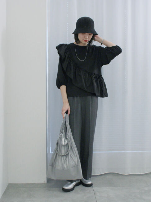 Samansa Mos2 blue「7分袖ドッキングフリルプルオーバー」|Tシャツ・カットソー|