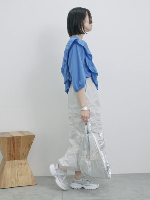 Samansa Mos2 blue「7分袖ドッキングフリルプルオーバー」|Tシャツ・カットソー|