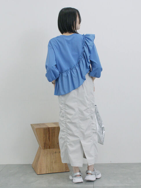 Samansa Mos2 blue「7分袖ドッキングフリルプルオーバー」|Tシャツ・カットソー|