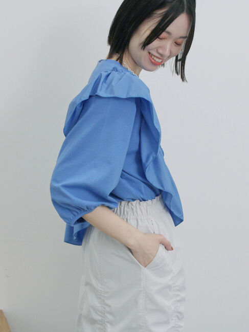 Samansa Mos2 blue「7分袖ドッキングフリルプルオーバー」|Tシャツ・カットソー|