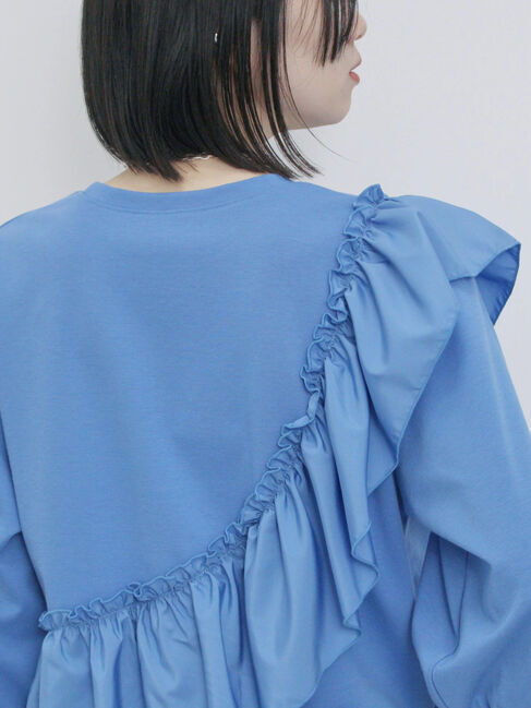 Samansa Mos2 blue「7分袖ドッキングフリルプルオーバー」|Tシャツ・カットソー|