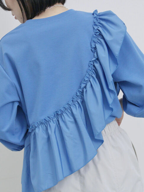 Samansa Mos2 blue「7分袖ドッキングフリルプルオーバー」|Tシャツ・カットソー|