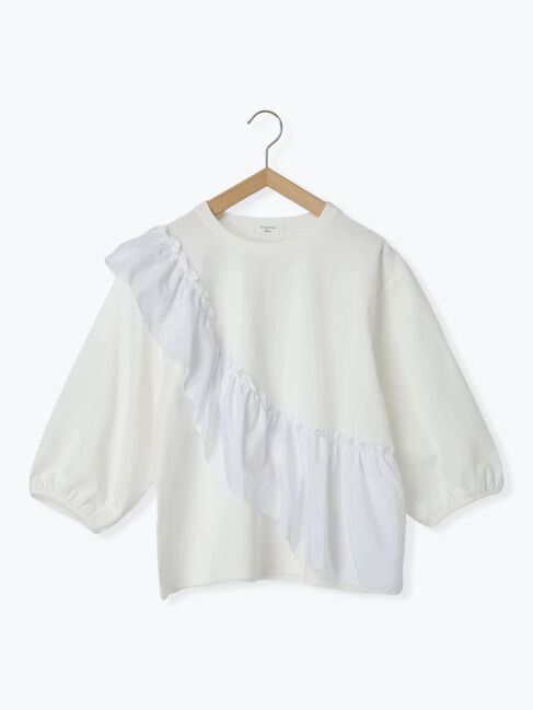 Samansa Mos2 blue「7分袖ドッキングフリルプルオーバー」|Tシャツ・カットソー|