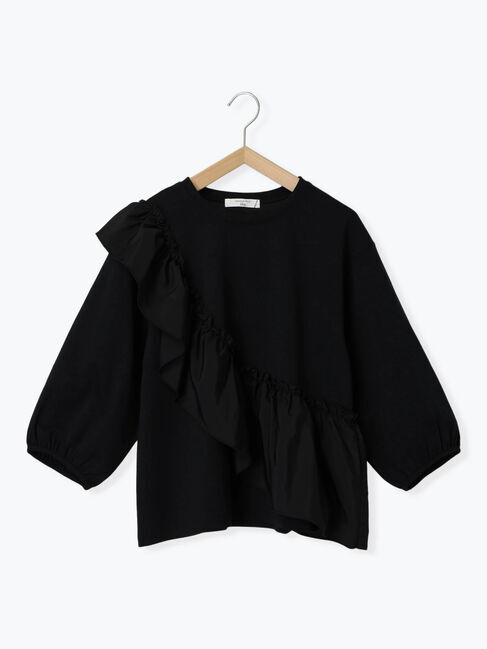 Samansa Mos2 blue「7分袖ドッキングフリルプルオーバー」|Tシャツ・カットソー|