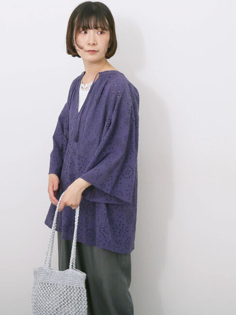 Samansa Mos2 blue「【Made in India】タッセル付ギャザーレースブラウス」|シャツ・ブラウス|