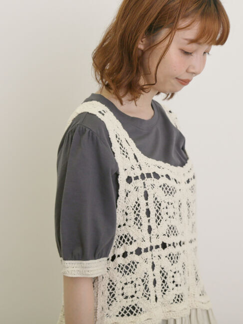 Samansa Mos2「【汗染み防止】袖口レースパフスリーブTシャツ」|Tシャツ・カットソー|チャコールグレー