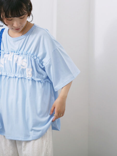 Samansa Mos2 blue「◎【接触冷感】シャーリングドッキングTシャツ」|Tシャツ・カットソー|