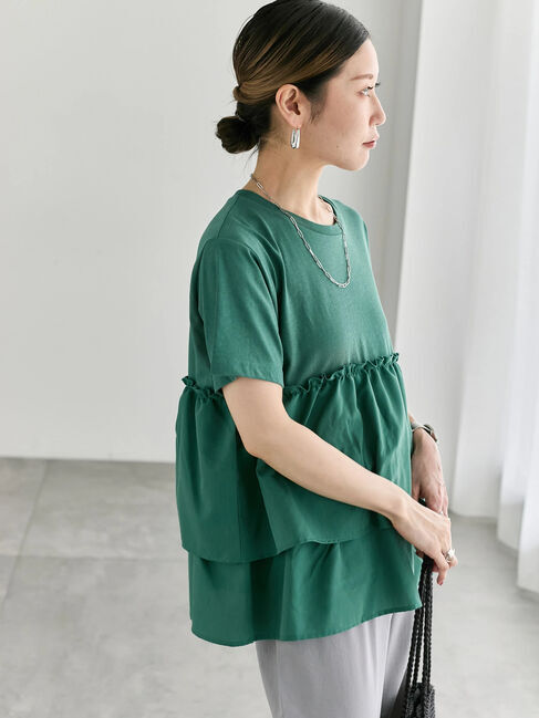 Samansa Mos2 blue「【接触冷感】ドッキングティアードプルオーバー」|Tシャツ・カットソー|グリーン