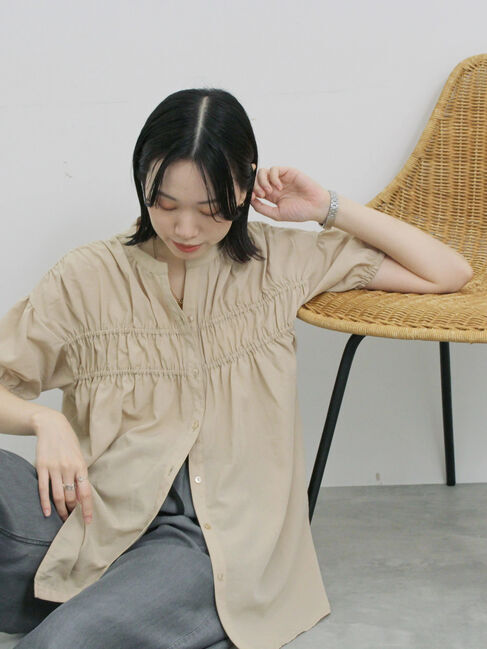 Samansa Mos2 blue「シャーリングチュニック」|シャツ・ブラウス|