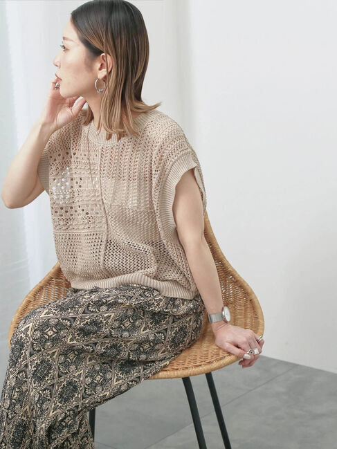 Samansa Mos2 blue「麻タッチパッチワークニットベスト」|ニット・セーター|ベージュ