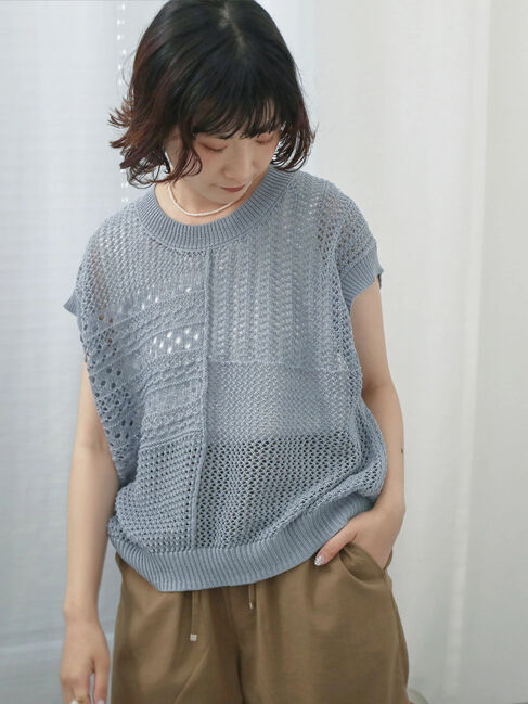 Samansa Mos2 blue「麻タッチパッチワークニットベスト」|ニット・セーター|