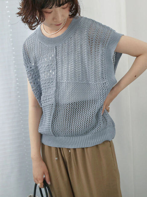Samansa Mos2 blue「麻タッチパッチワークニットベスト」|ニット・セーター|