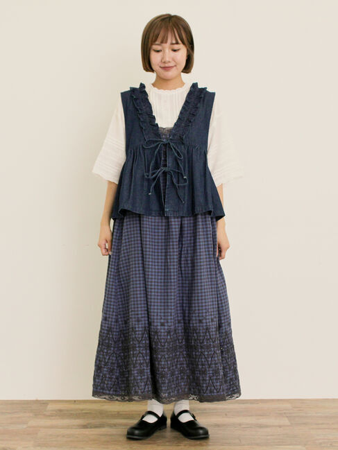 Samansa Mos2「刺繍デニムベスト」|ダウンベスト・ベスト|
