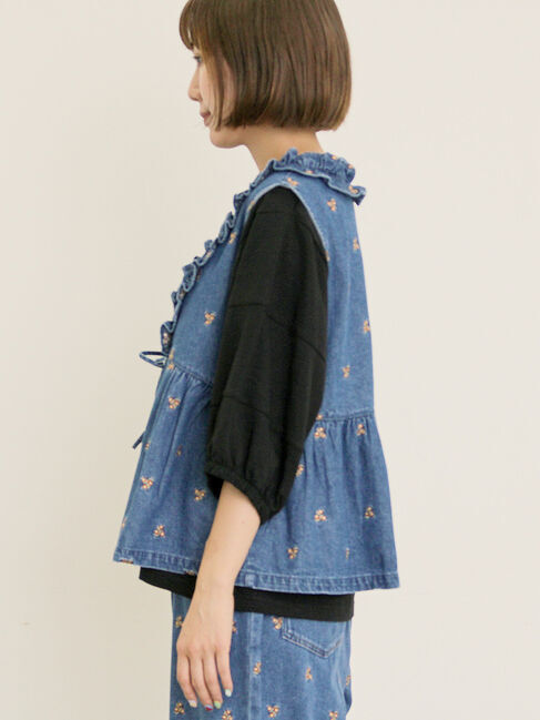 Samansa Mos2「刺繍デニムベスト」|ダウンベスト・ベスト|