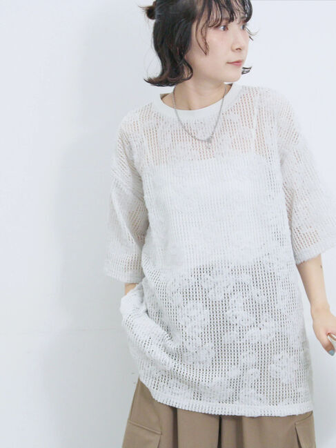 Samansa Mos2 blue「チュールフラワーコードTシャツ」|Tシャツ・カットソー|