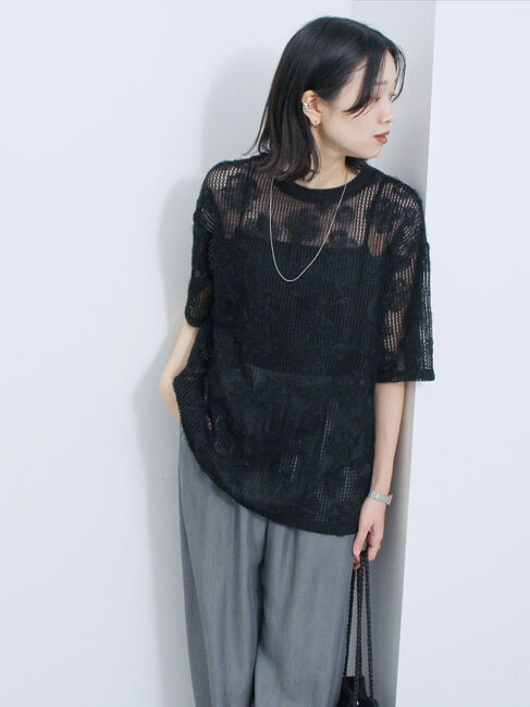 Samansa Mos2 blue「チュールフラワーコードTシャツ」|Tシャツ・カットソー|