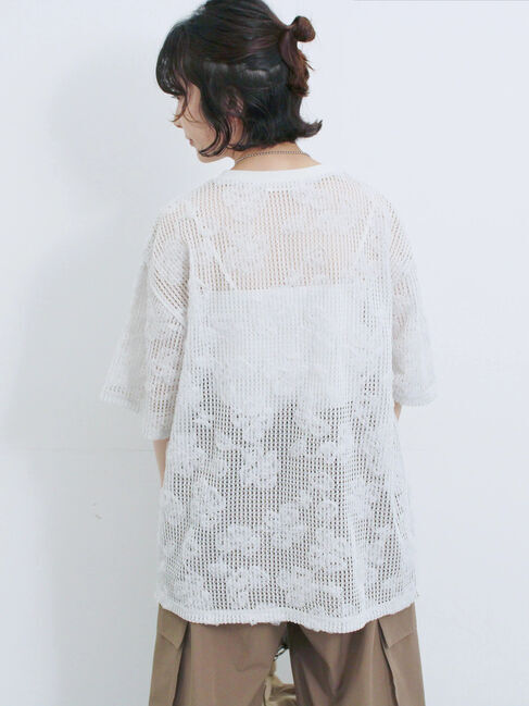 Samansa Mos2 blue「チュールフラワーコードTシャツ」|Tシャツ・カットソー|