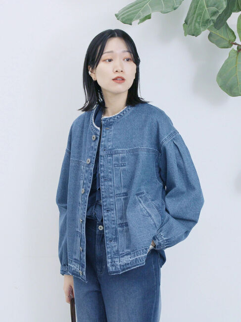 Samansa Mos2 blue「【ECO DENIM 】 ノーカラーブルゾン」|ブルゾン・スタジャン|