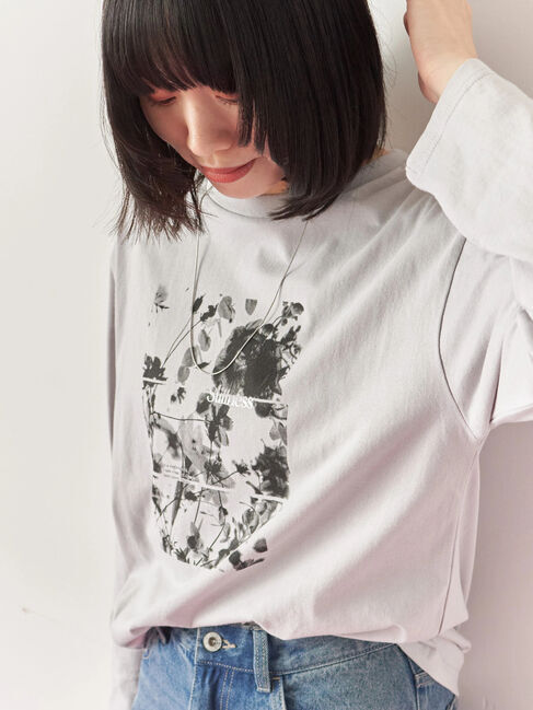 Samansa Mos2 blue「箔フォトプリントロンT」|Tシャツ・カットソー|グレー