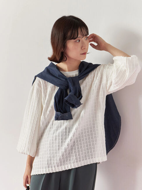 Samansa Mos2 blue「ジャカードボリュームスリーブプルオーバー」|Tシャツ・カットソー|