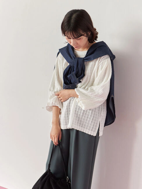 Samansa Mos2 blue「ジャカードボリュームスリーブプルオーバー」|Tシャツ・カットソー|