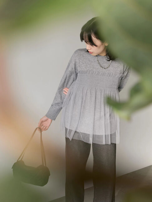 Samansa Mos2 blue「◎チュールドッキングニット」|ニット・セーター|グレー