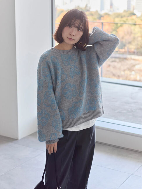 Samansa Mos2 blue「花柄シャギーニットプルオーバー」|ニット・セーター|グレー