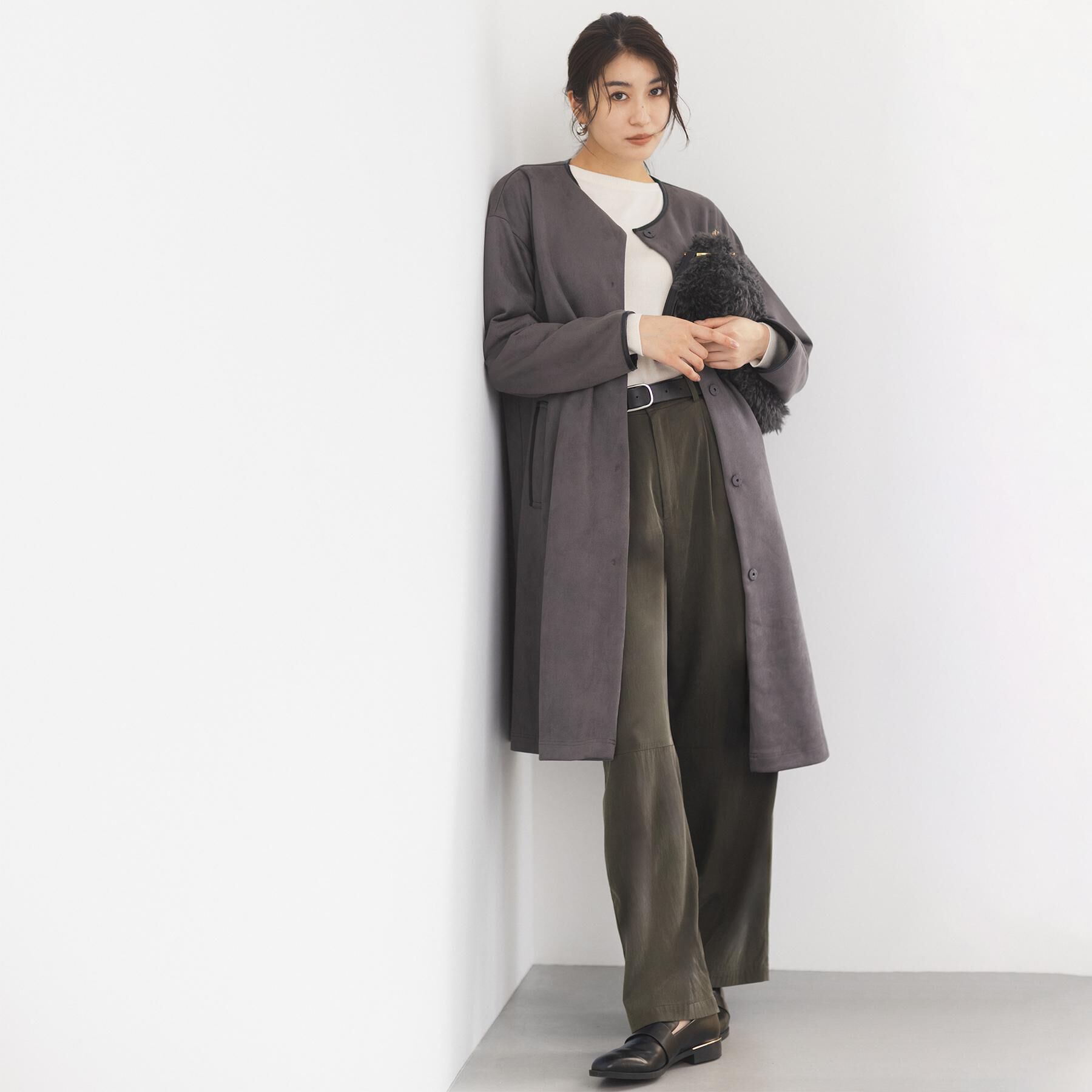 UNTITLED「【洗える/軽羽織り】マシュマロタッチ　スエード調コート」|ノーカラーコート|