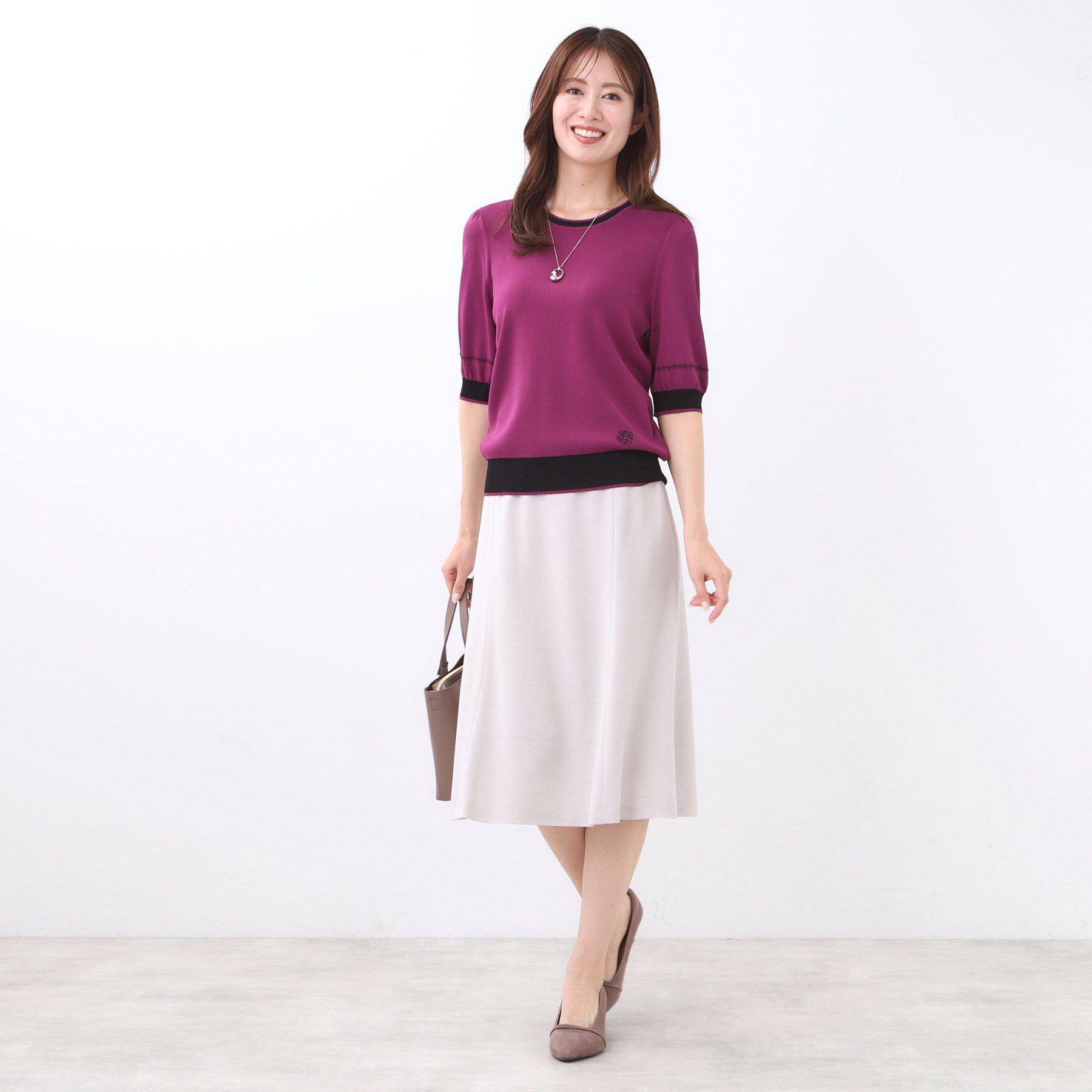 Reflect「【WEB先行カラーあり／手洗い可／アンサンブル可】バイカラー五分袖ニット」|ニット・セーター|