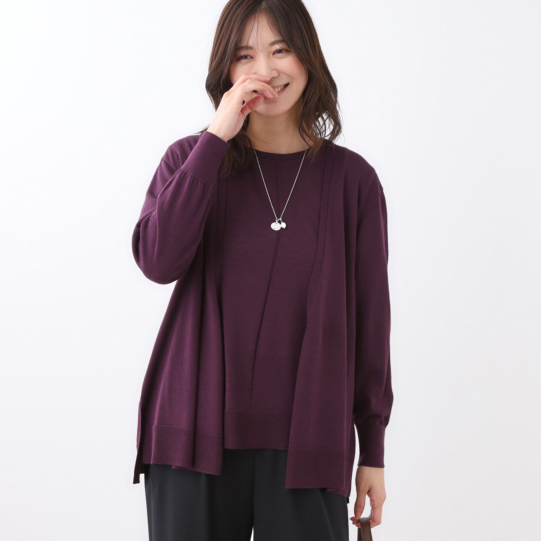 Reflect「【ちくちくしない／アンサンブル可／通勤におすすめ◎】オフボディ着流しカーディガン」|カーディガン|パープル(083)