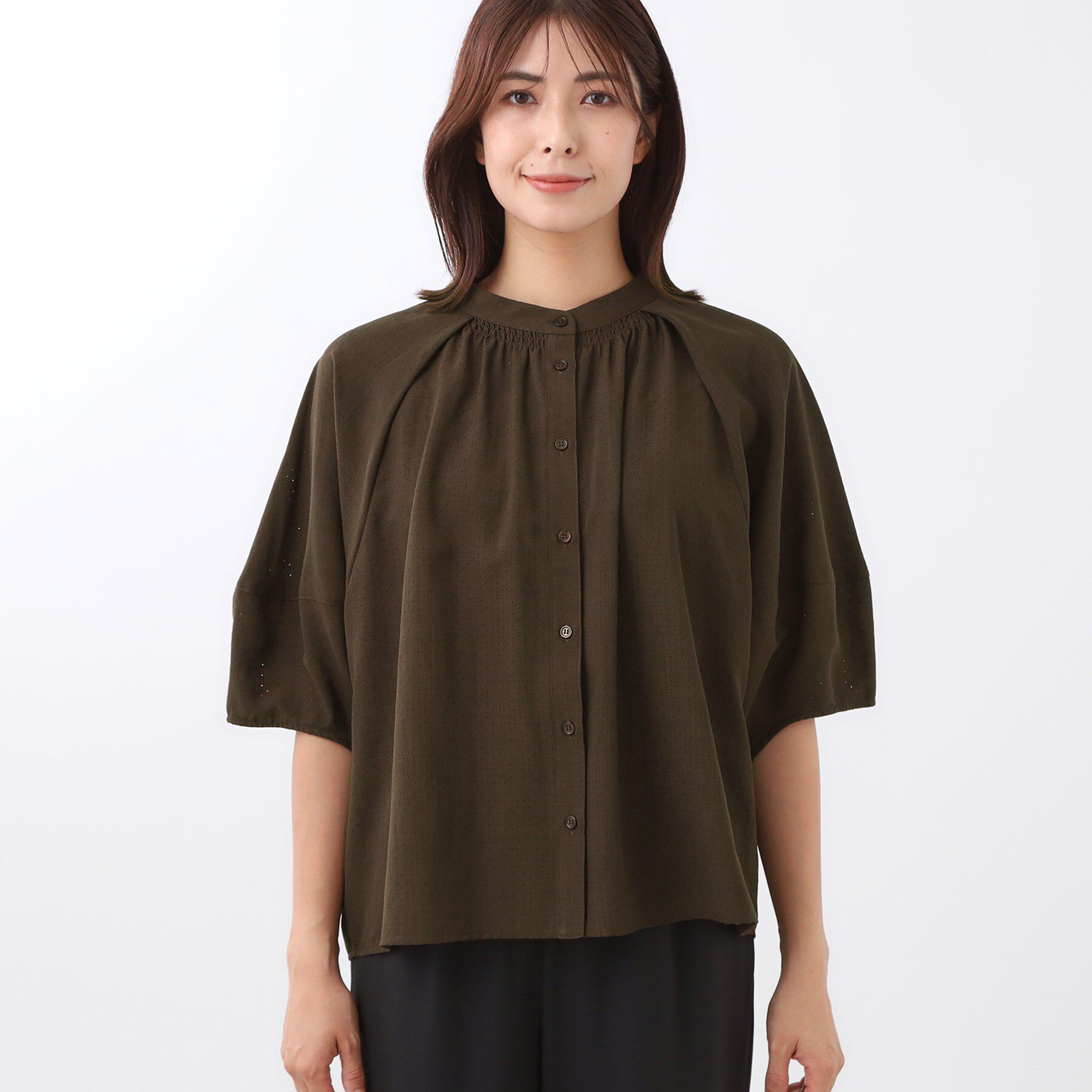 Reflect「【体型カバー／ゆったり着られる◎】バンドカラー七分袖ブラウス」|シャツ・ブラウス|