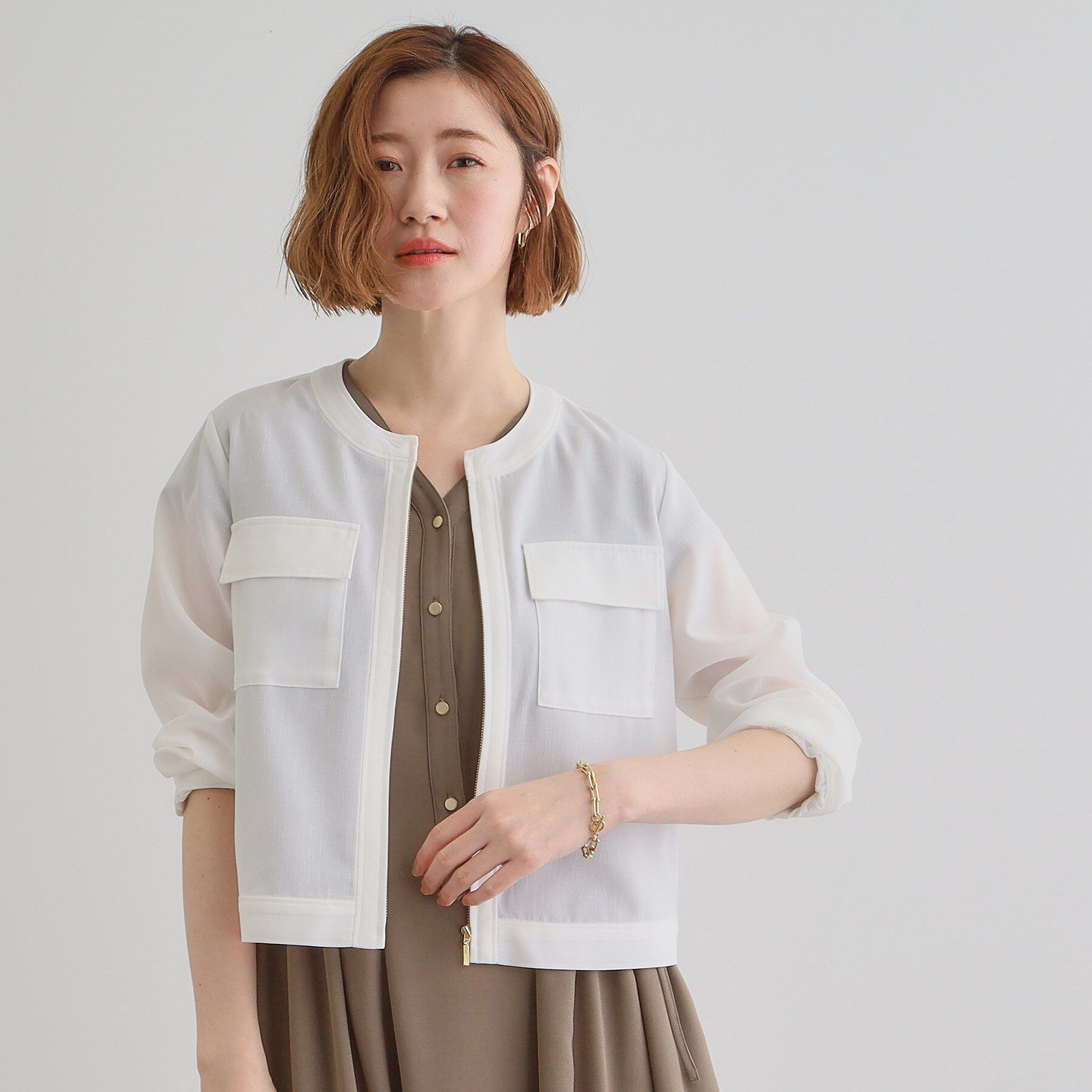 grove「麻調ノーカラーシアーブルゾン」|ブルゾン・スタジャン|