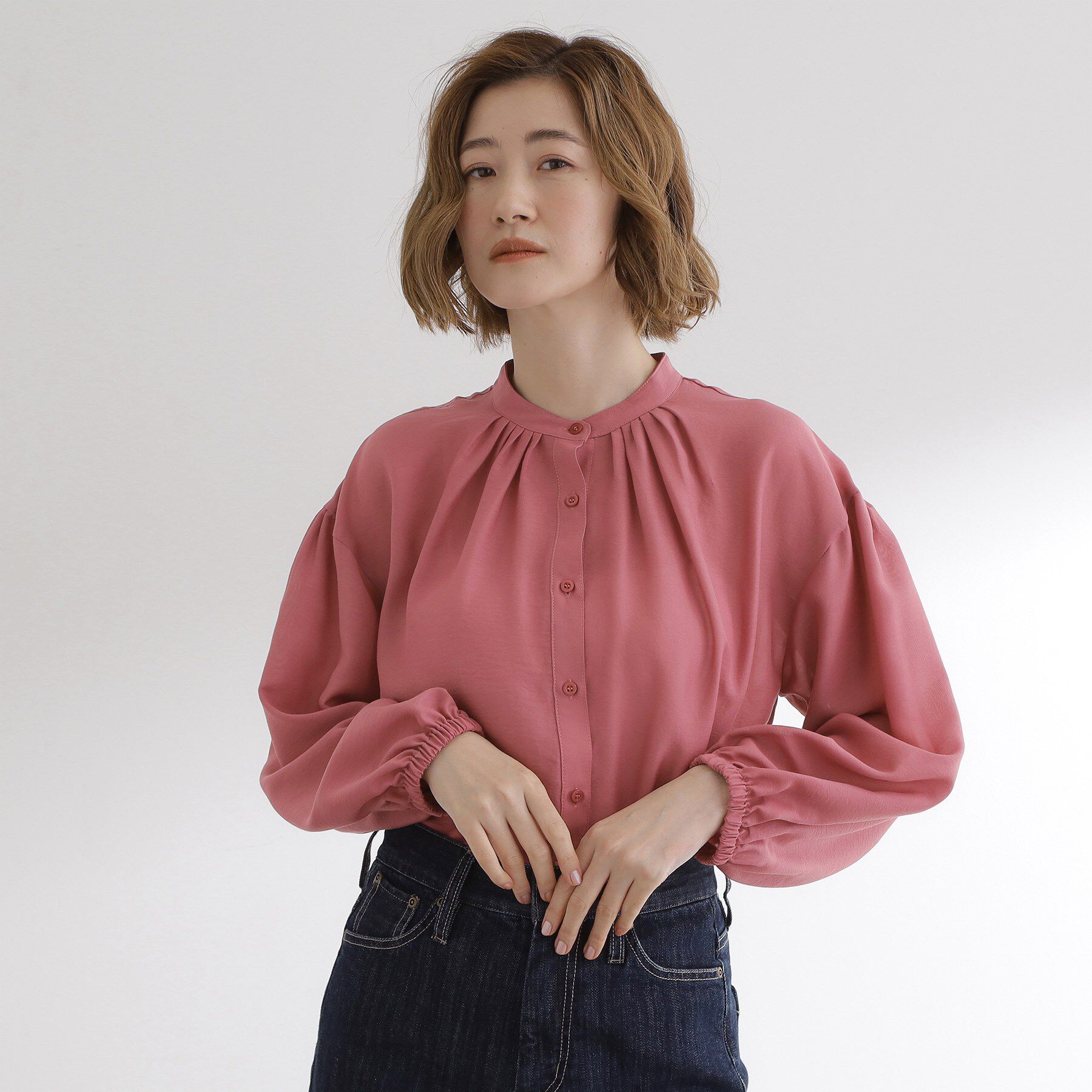 grove「【ひんやり/洗える】シアースタンドネックシャツブルゾン」|シャツ・ブラウス|ピンク(071)