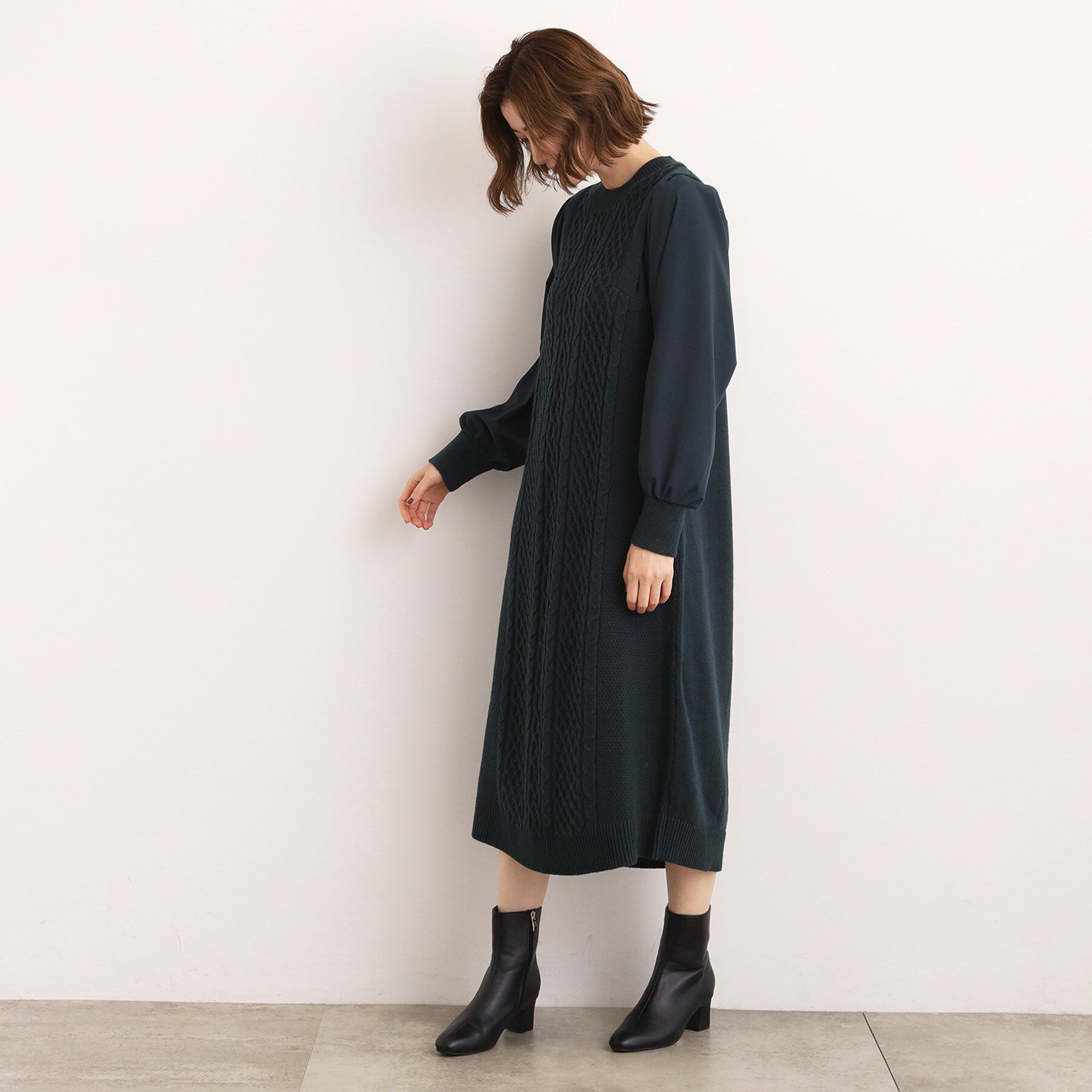 grove「一枚で華やぐ、袖布帛ケーブルニットワンピース」|ワンピース|