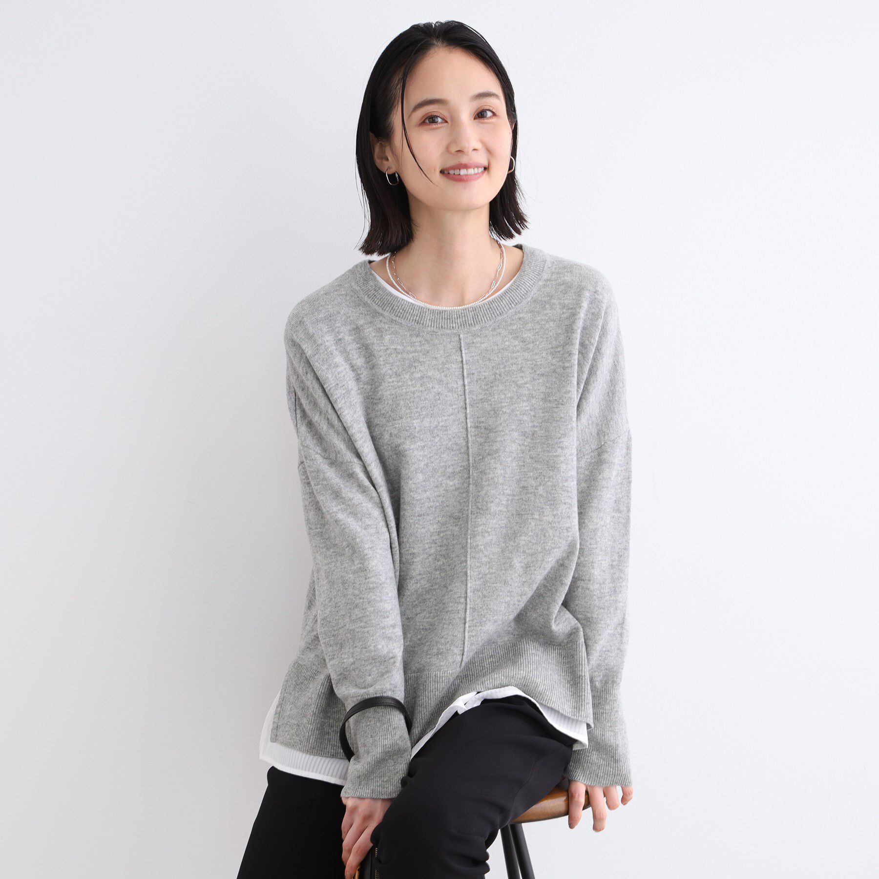 INDIVI「【カシミヤ混／洗える／リラックス】ワイドシルエットニット」|ニット・セーター|グレー(912)