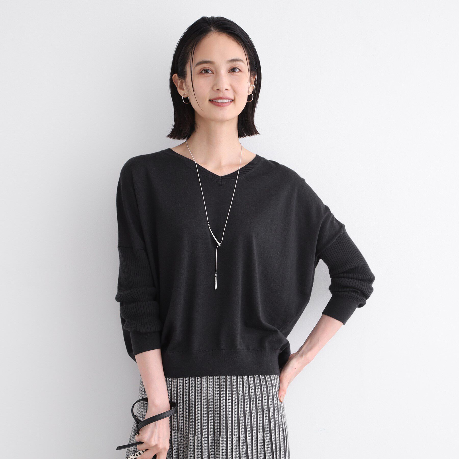 INDIVI「【ウール混】リブスリーブコンパクトニット」|ニット・セーター|チャコールグレー(0