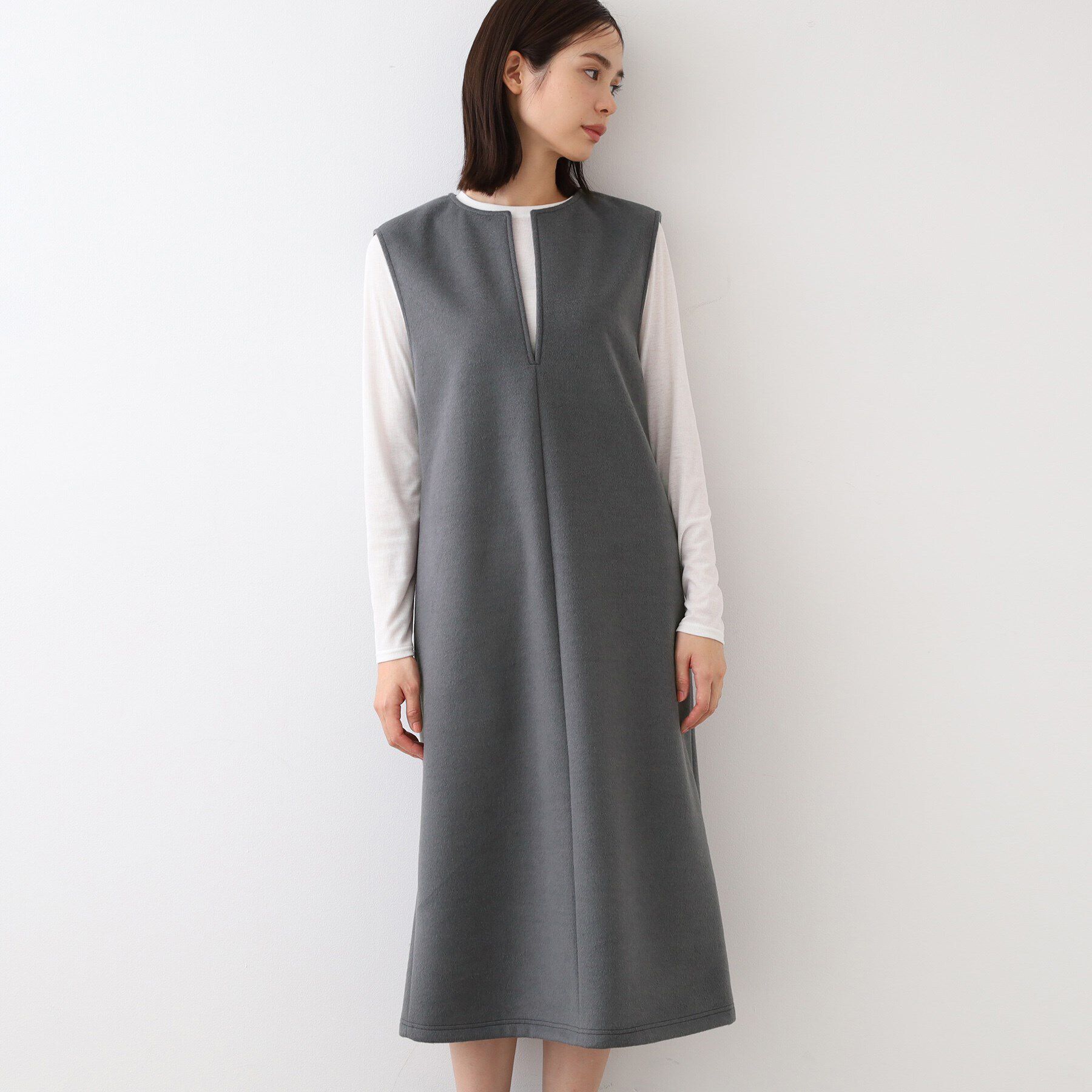 INDIVI「【日本製】ヘアリーキーネックジャンパードレス」|ワンピース|チャコールグレー(6