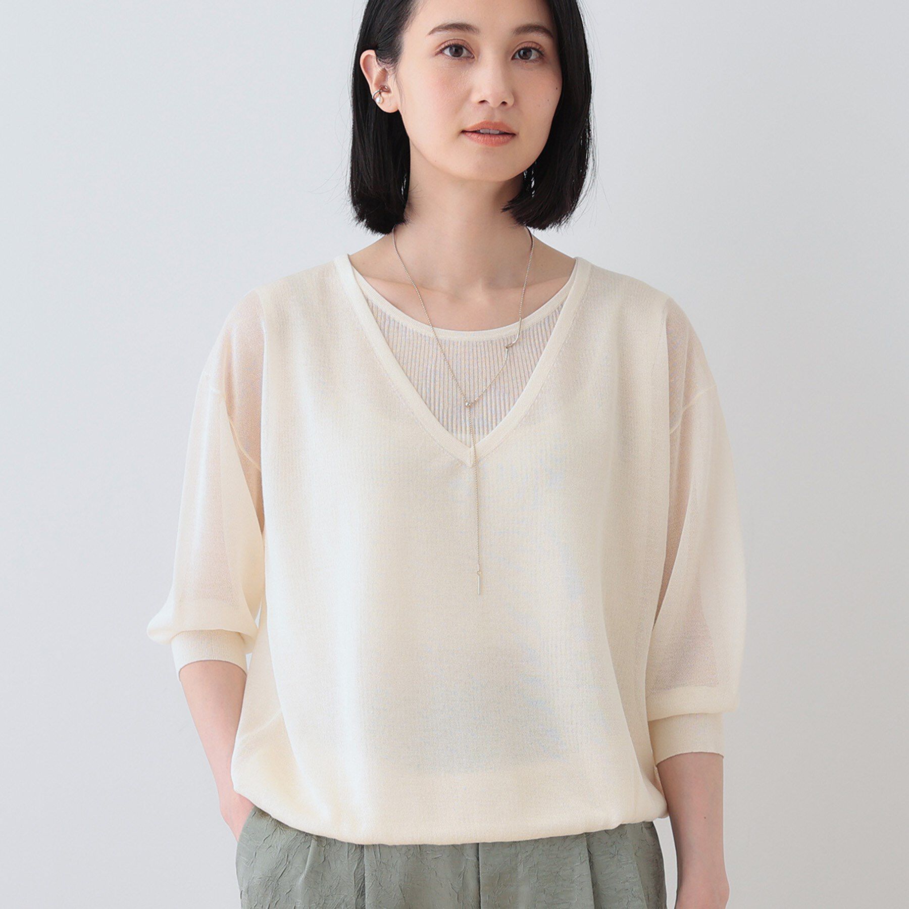 INDIVI「【洗える／シアーラメ】レイヤード風ニット」|ニット・セーター|オフホワイト(003