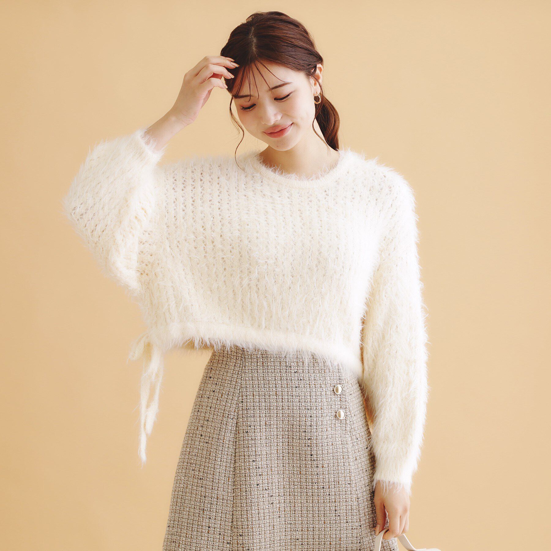 index「透かしシャギーサイドリボンニット【洗濯機洗い可】」|ニット・セーター|オフホワイト(003