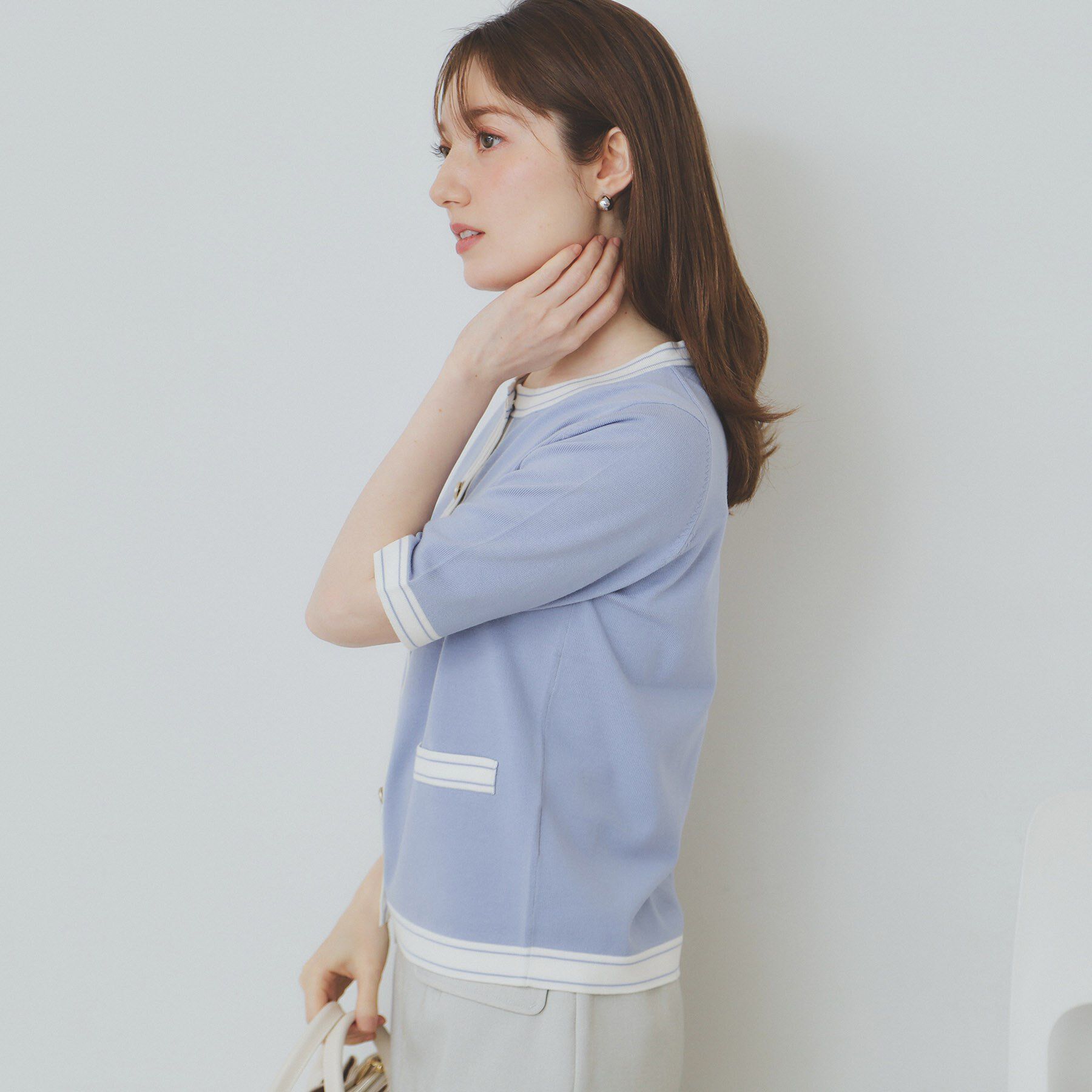 index「バイカラークルーネックカーディガン/オーガニックコットン混【UV/洗濯機洗い可】」|カーディガン|