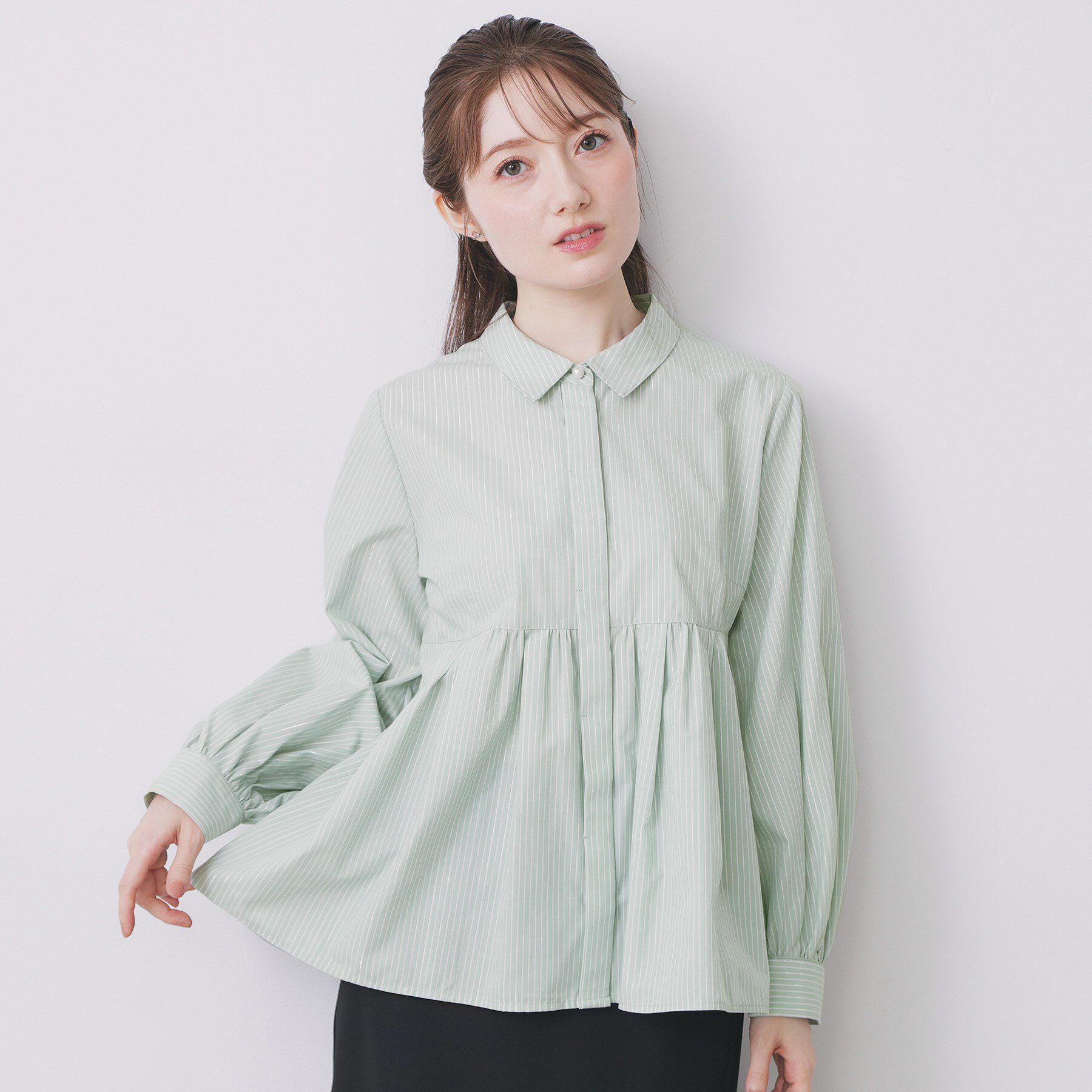 index「ラメストライプ衿付きペプラムブラウス【洗濯機OK/イージーアイロン/防シワ】《6col》」|シャツ・ブラウス|ミントグリーン(32