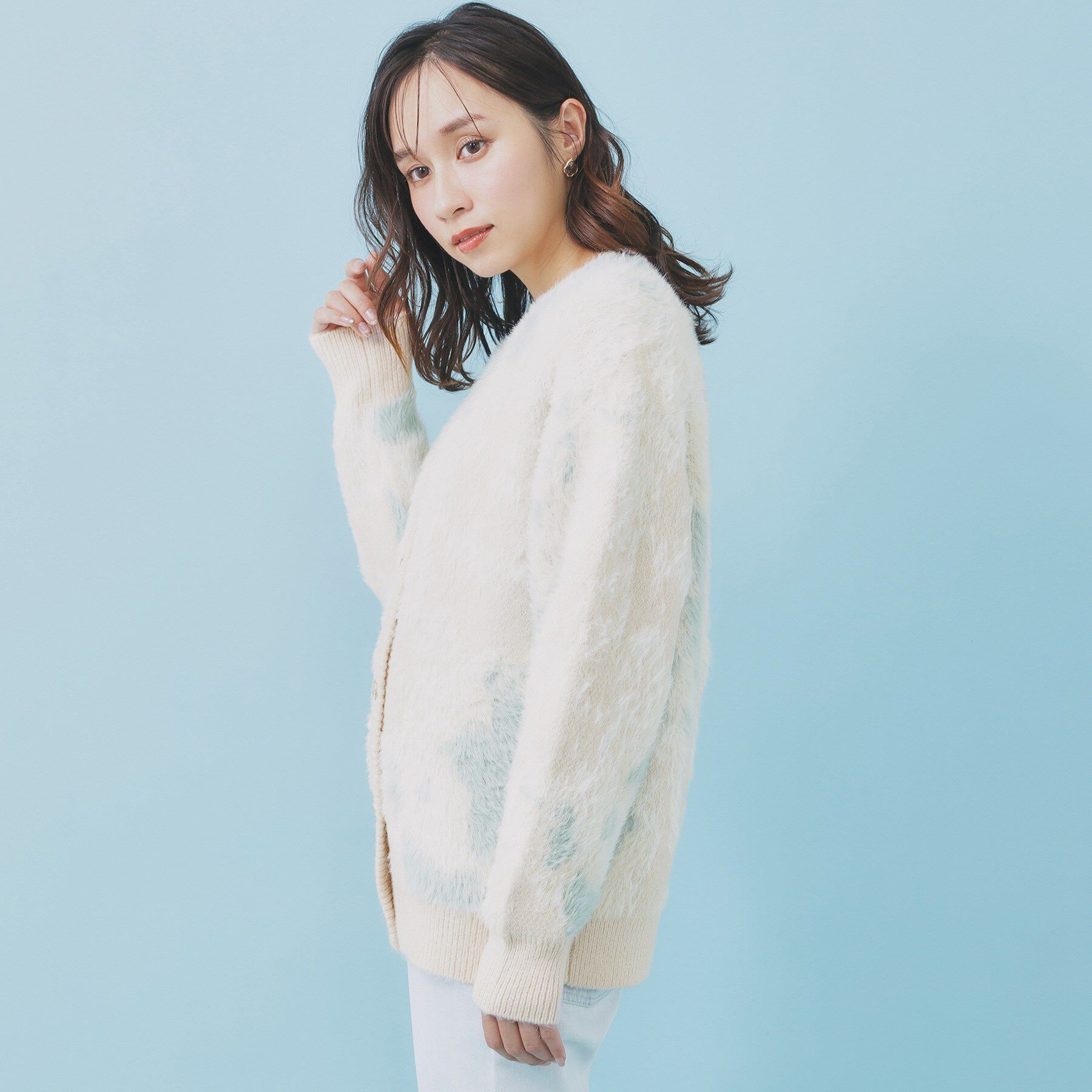 index「フェザー幾何ジャカードクルーミドルカーディガン【洗濯機OK】」|カーディガン|